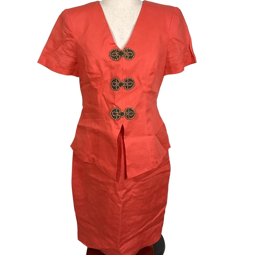 Donna Morgan Maggy Dress Women 8 Orange Linen‎ Beaded Toggle Peplum Midi USA